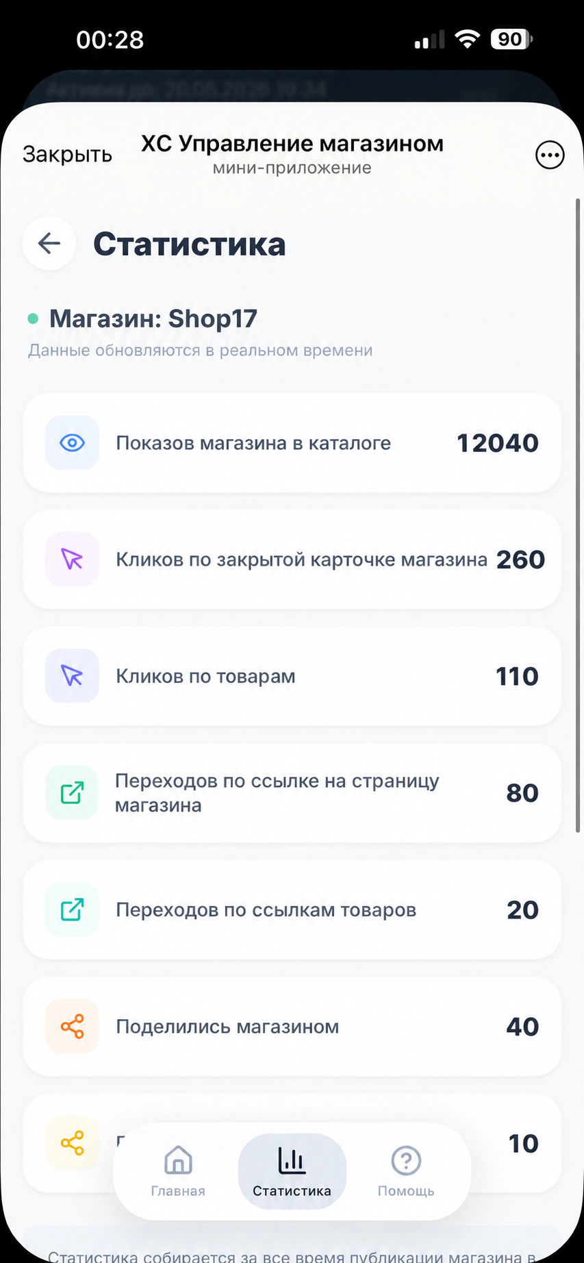 Статистика магазина в приложении ХС
